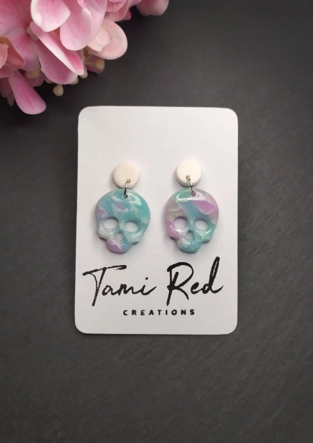 Ohrstecker rosa türkis Schädel